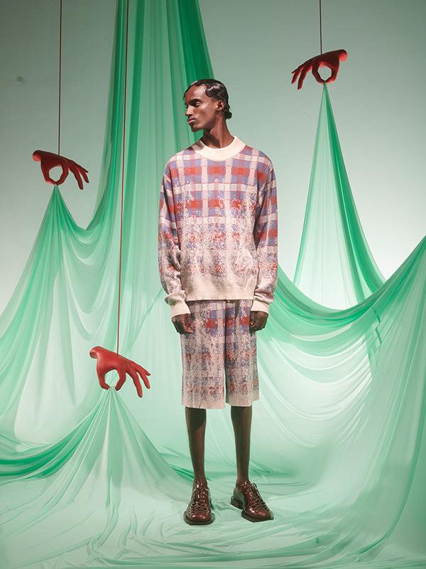 Henrik Vibskov Faded Knit Jumper - Blurry Grey Red Check