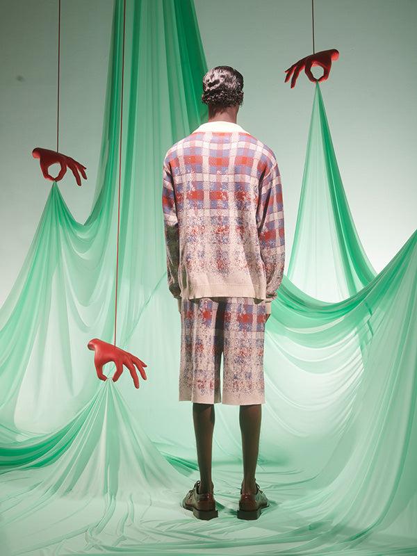 Henrik Vibskov Faded Knit Jumper - Blurry Grey Red Check