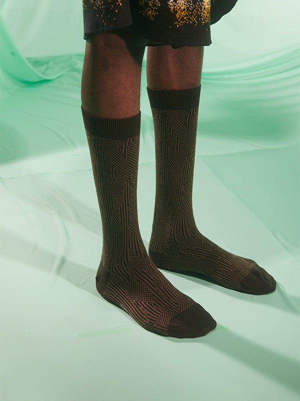 Henrik Vibskov Handsome Hands Socks Homme - Brown Black Handsome Grid