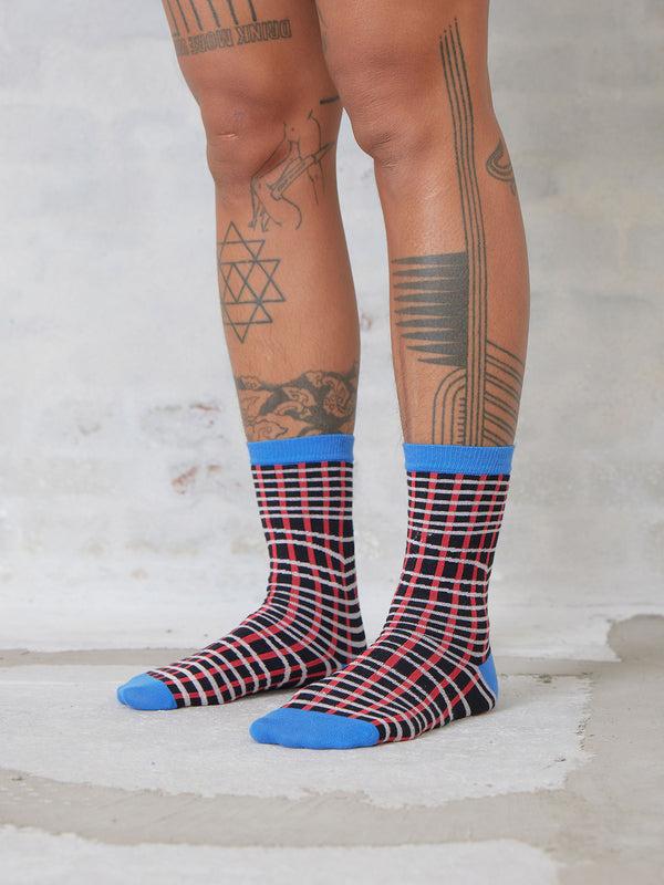 Henrik Vibskov Loose Grid Femme Socks - Red Pink Blue Grid
