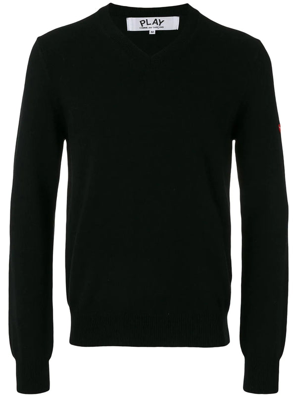 henrik vibskov Mens V-Neck Pullover - Black W/Small Red Heart