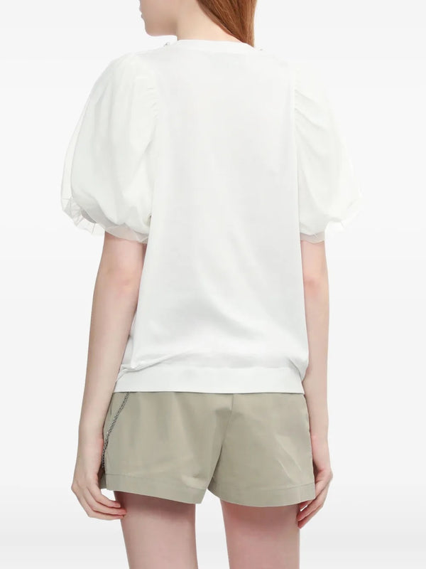 Henrik Vibskov Tulle Overlay Puff Sleeve T-Shirt With Embroidery – White/Pearl