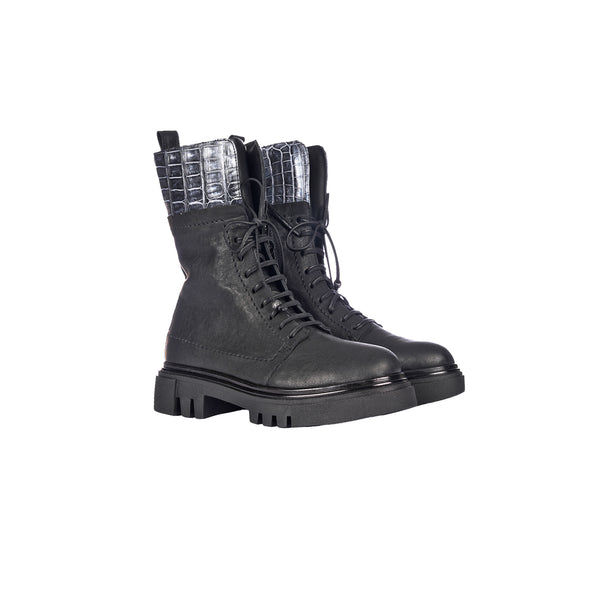 henry beguelin Combat Boot Old Iron Black with Crocodile