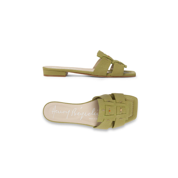 henry beguelin Flat Leather Slide Martellato Sage Green