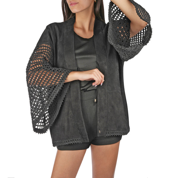 Henry Beguelin Suede And Crochet Kimono Black
