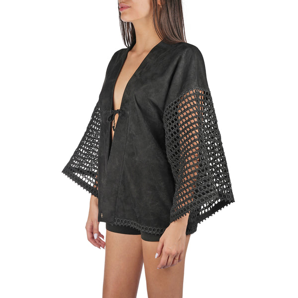 Henry Beguelin Suede And Crochet Kimono Black