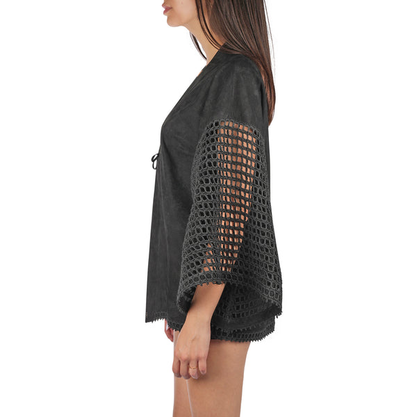 Henry Beguelin Suede And Crochet Kimono Black