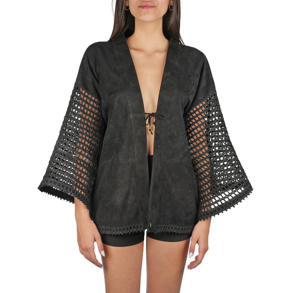 henry beguelin Suede and Crochet Kimono Black