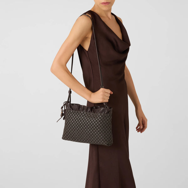 Henry Beguelin Ruched Zip Clutch Intreccio Scacchiera Dark Brown