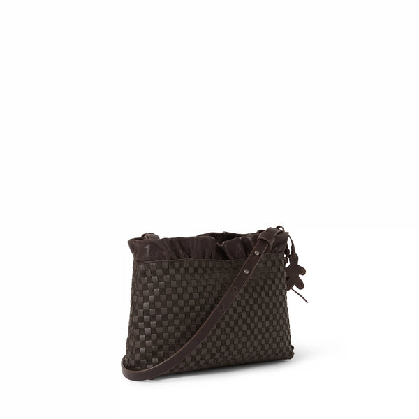 Henry Beguelin Ruched Zip Clutch Intreccio Scacchiera Dark Brown