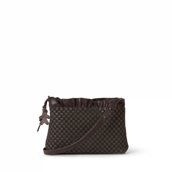 henry beguelin Ruched Zip Clutch Intreccio Scacchiera Dark Brown