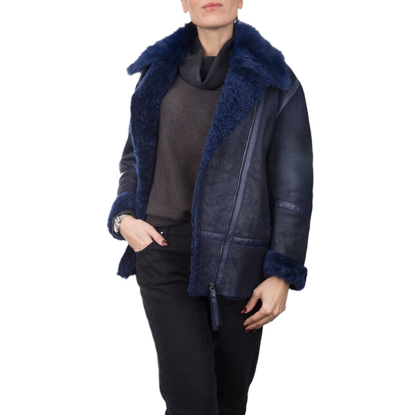 henry beguelin Shearling Fur Intarsia Jacket Electric Blue