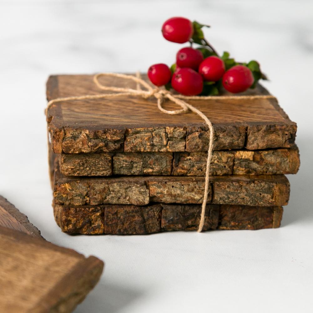 Heritage Lace Artisan Wood Bark Coaster Set/4