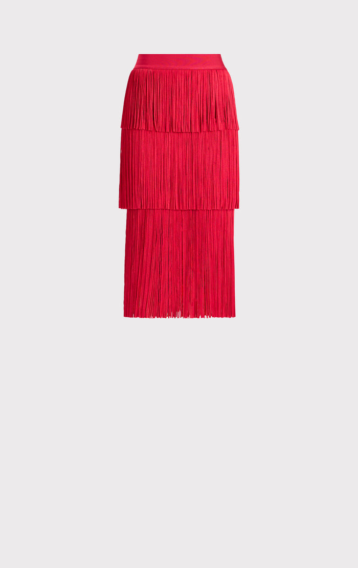 Hérve Léger ICON LAYERED FRINGE MIDI SKIRT RIO RED