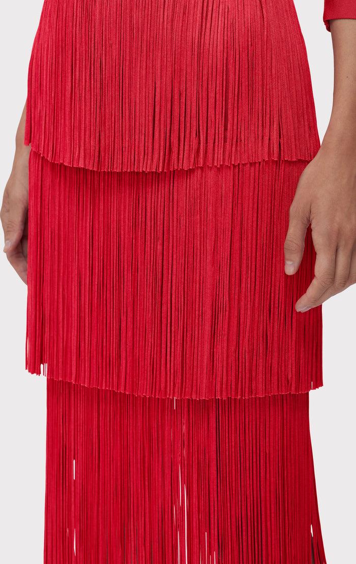 Hérve Léger ICON LAYERED FRINGE MIDI SKIRT RIO RED
