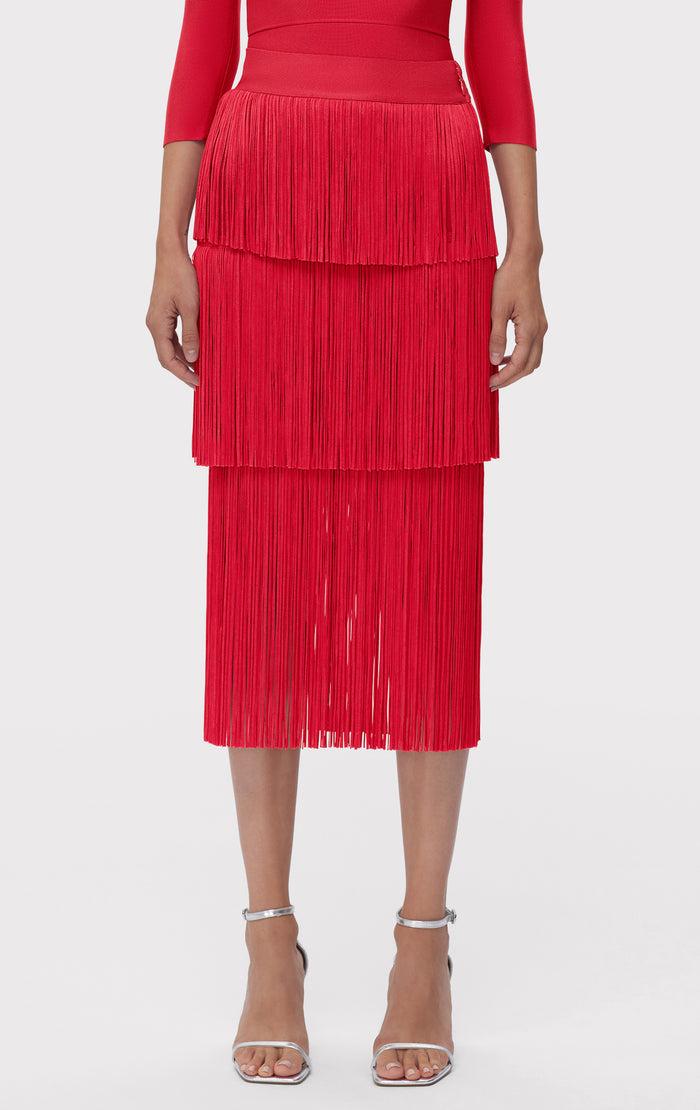 hérve léger ICON LAYERED FRINGE MIDI SKIRT RIO RED