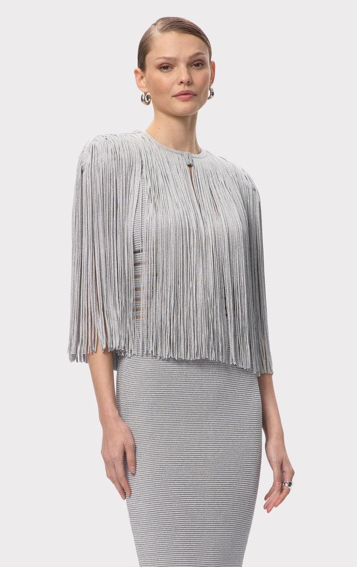 Hérve Léger ICON METALLIC FRINGE CAPE MET SILVER