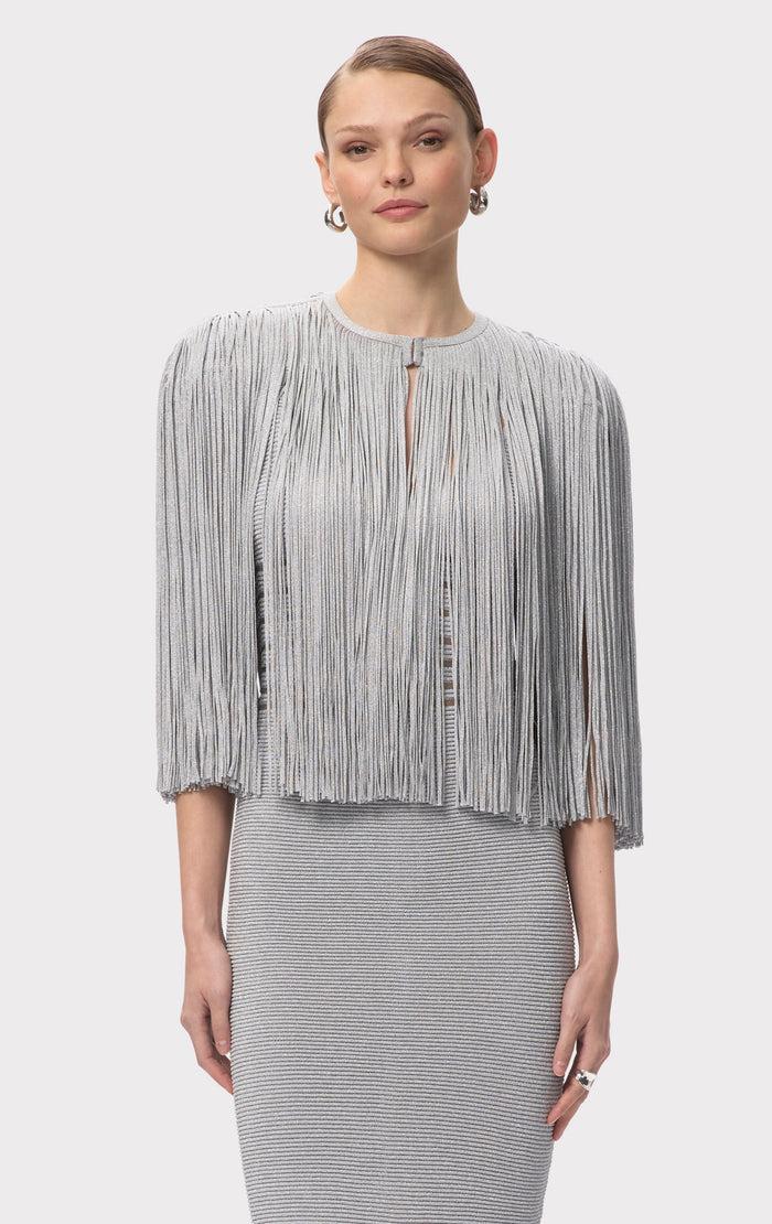 hérve léger ICON METALLIC FRINGE CAPE MET SILVER