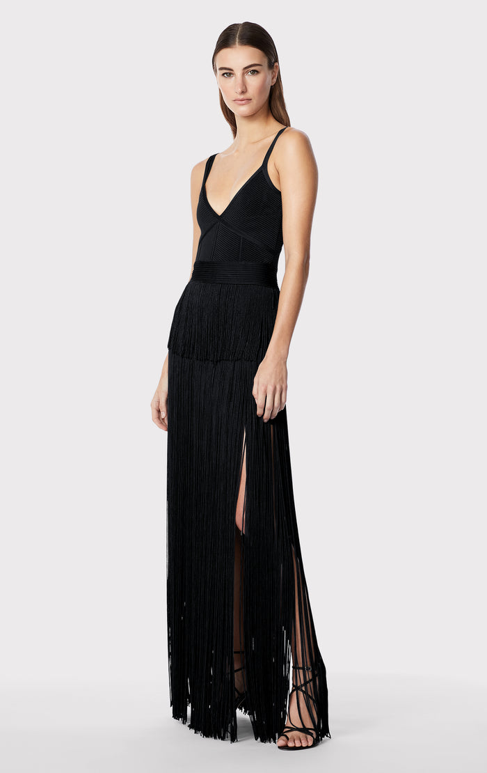 Hérve Léger STRAPPY OTTOMAN FRINGE GOWN BLACK