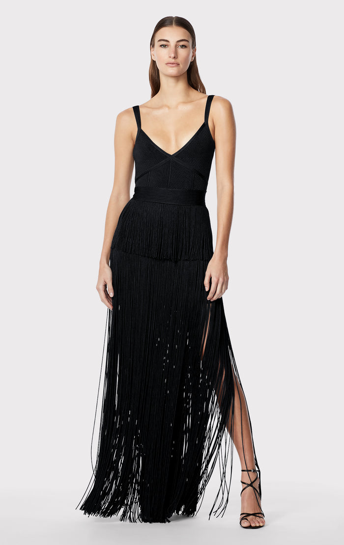 hérve léger STRAPPY OTTOMAN FRINGE GOWN BLACK