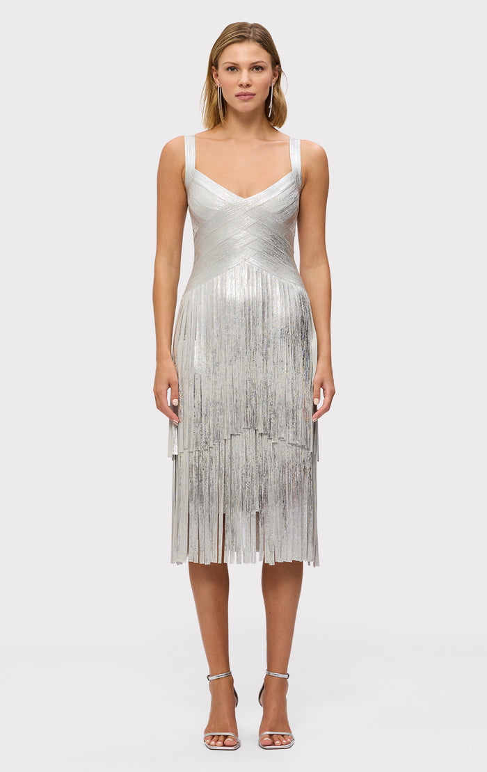 hérve léger THE METALLIC MISCHA DRESS SILVER FOIL