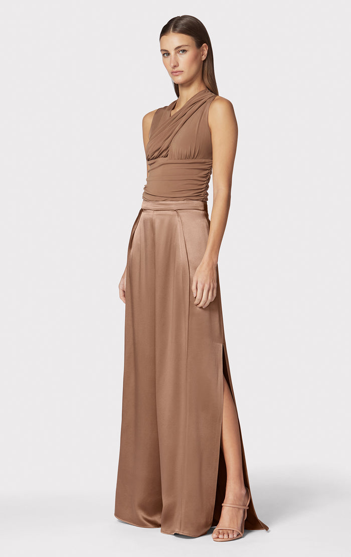 Hérve Léger ICON HIGH WAIST SILK WIDE LEG PANTS TOFFEE