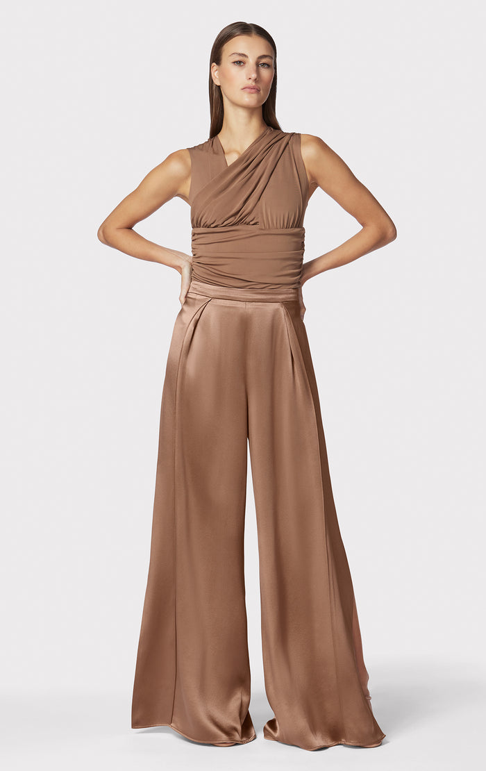 hérve léger ICON HIGH WAIST SILK WIDE LEG PANTS TOFFEE