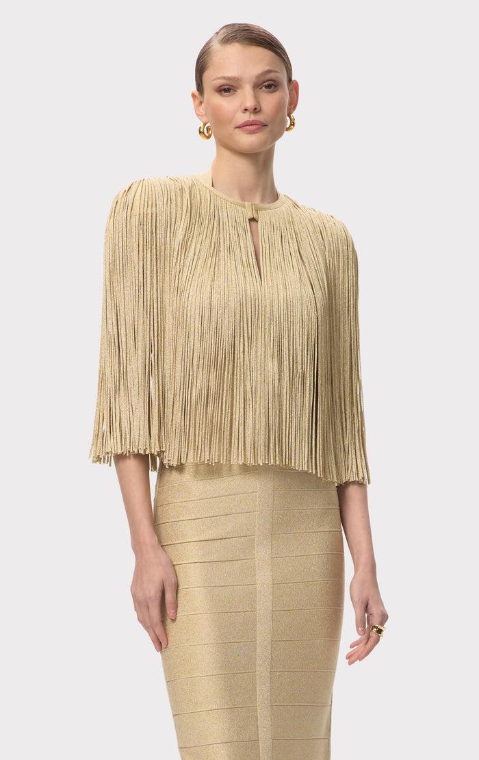 Hérve Léger ICON METALLIC FRINGE CAPE METALLIC GOLD