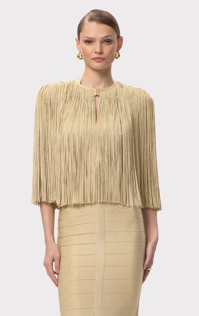 hérve léger ICON METALLIC FRINGE CAPE METALLIC GOLD