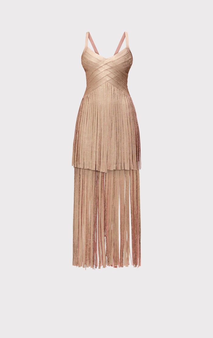 Hérve Léger THE METALLIC VIVIENNE GOWN ROSE GOLD FOIL