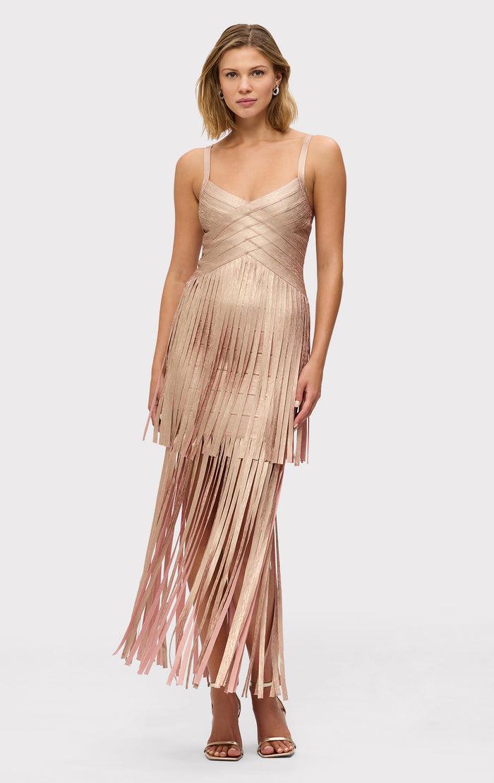 Hérve Léger THE METALLIC VIVIENNE GOWN ROSE GOLD FOIL