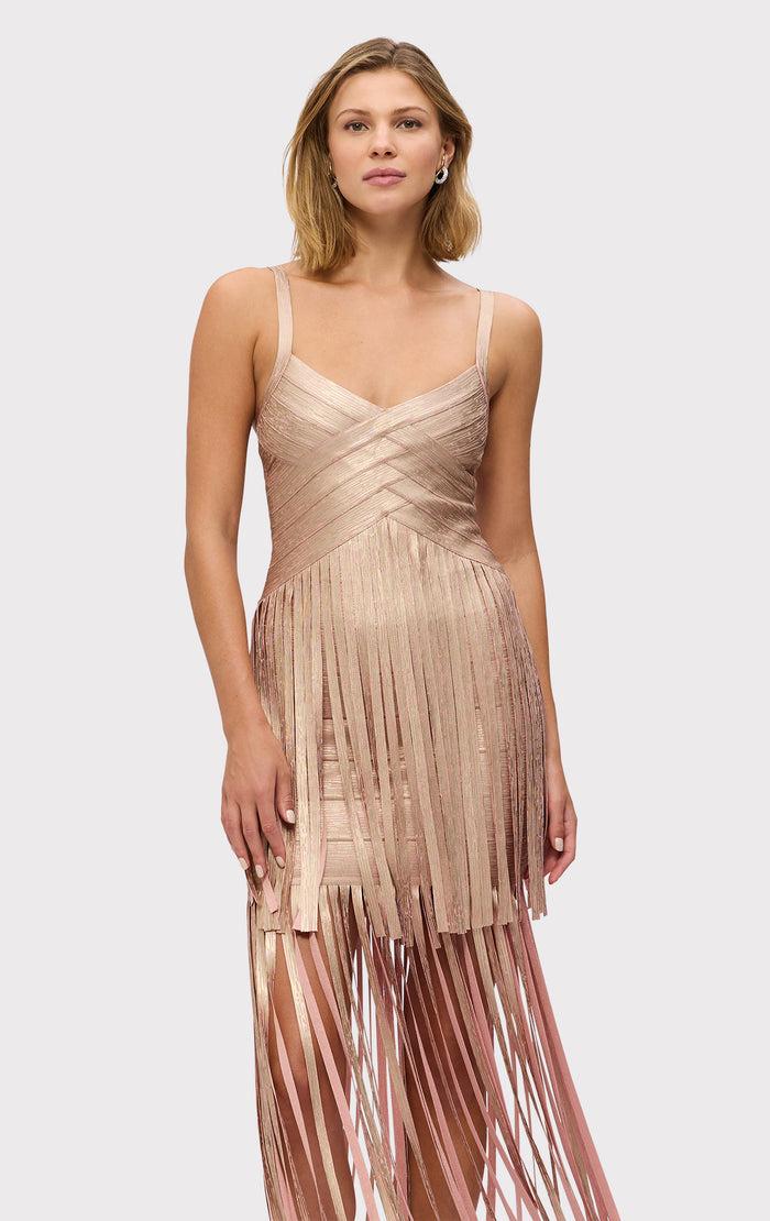Hérve Léger THE METALLIC VIVIENNE GOWN ROSE GOLD FOIL