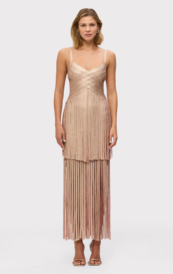 hérve léger THE METALLIC VIVIENNE GOWN ROSE GOLD FOIL