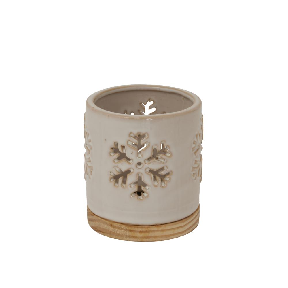 hill interiors Alora Ceramic Snowflake Candle Holder On Wood Base