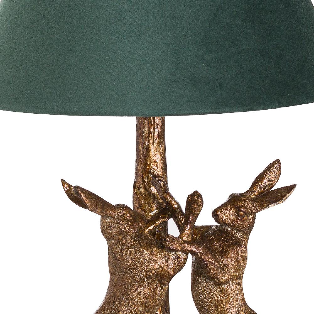 hill interiors Antique Gold Marching Hares Lamp With Green Velvet Shade