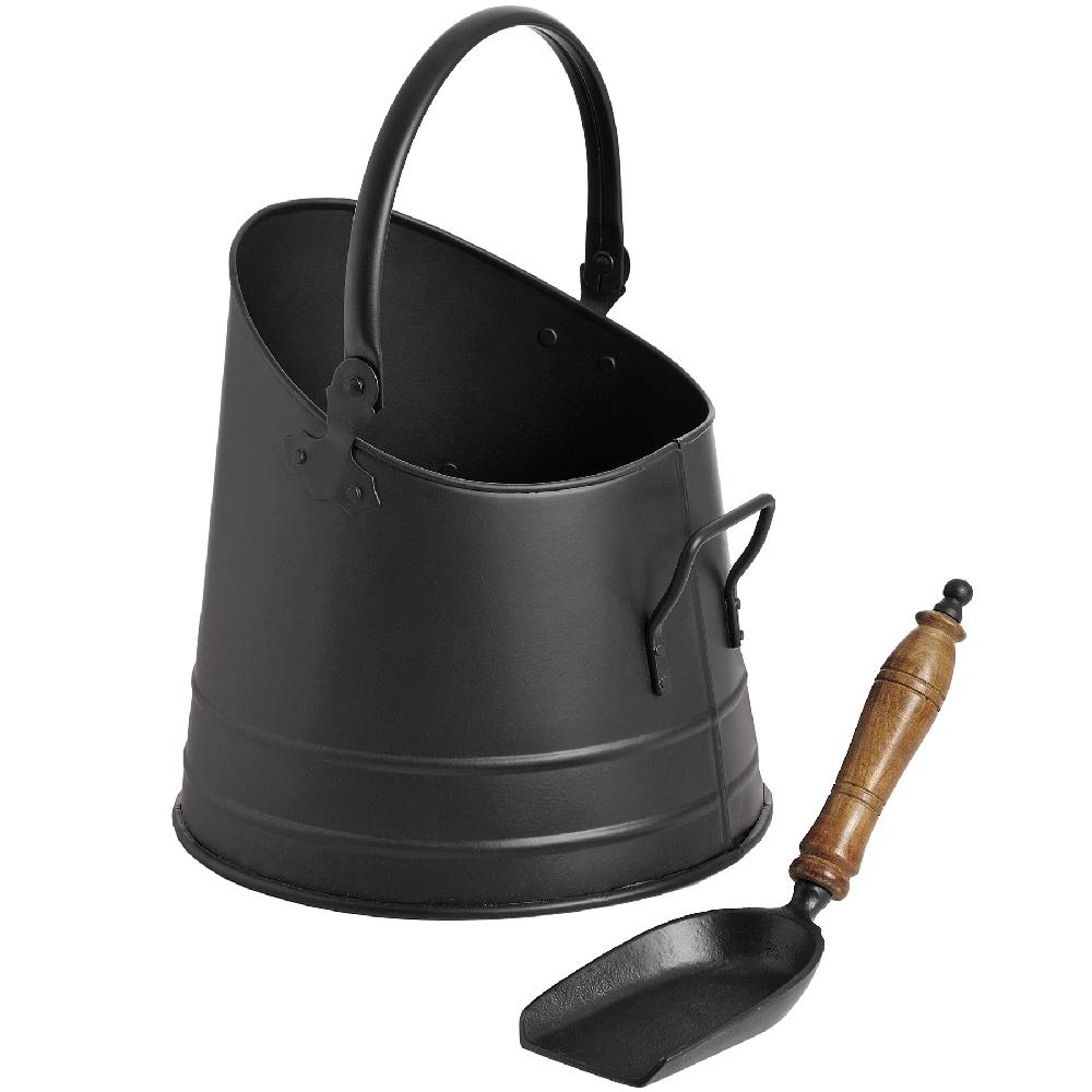 hill interiors Black Coal Bucket with Teak Handle Shovel