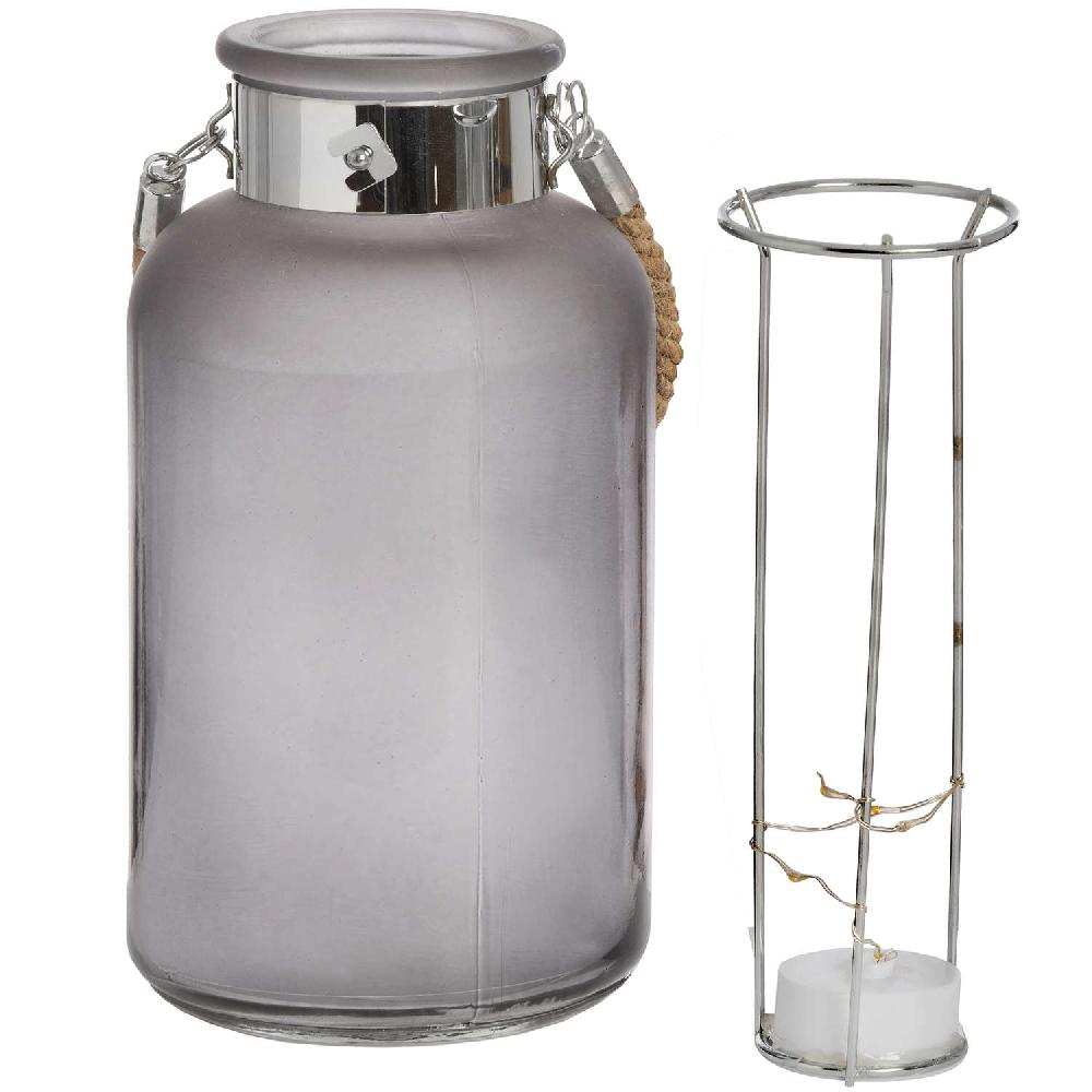 Hill Interiors Frosted Grey Glass Lantern With Rope Detail And LED