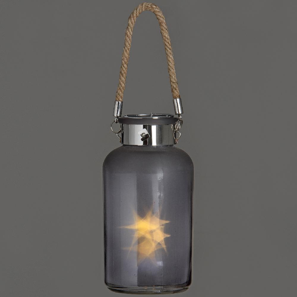 hill interiors Frosted Grey Glass Lantern with Rope Detail and LED