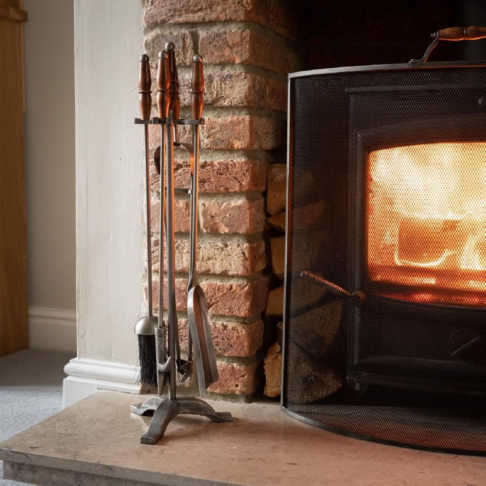 Hill Interiors Hand Turned Fire Companion Set In Antique Pewter With Wooden Handles