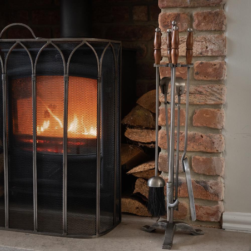 Hill Interiors Hand Turned Fire Companion Set In Antique Pewter With Wooden Handles
