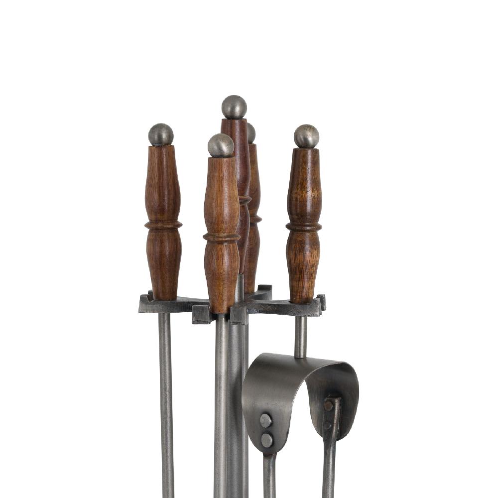 hill interiors Hand Turned Fire Companion Set In Antique Pewter With Wooden Handles