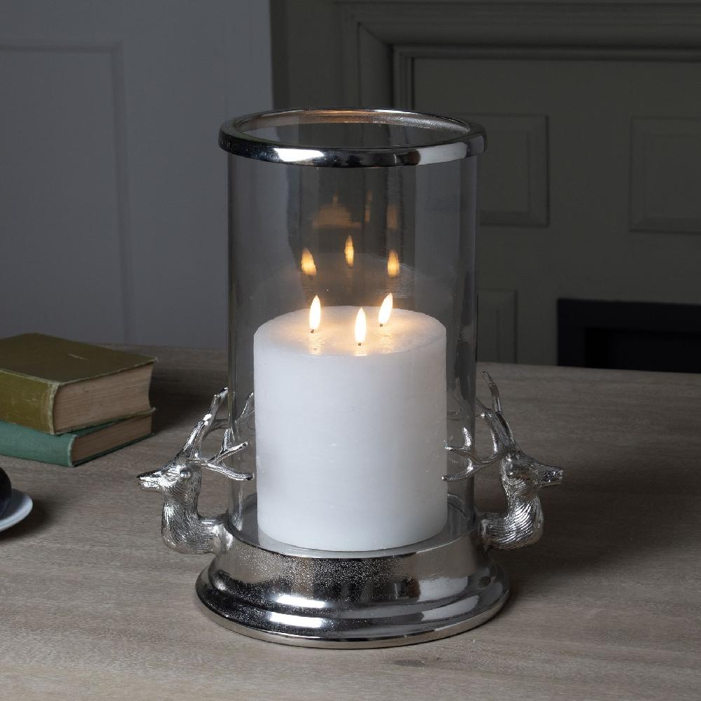 Hill Interiors Silver Stag Heads Hurricane Lantern