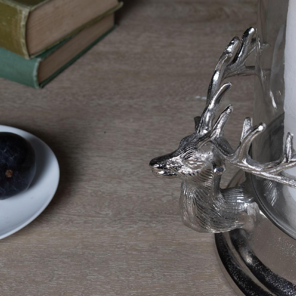 Hill Interiors Silver Stag Heads Hurricane Lantern
