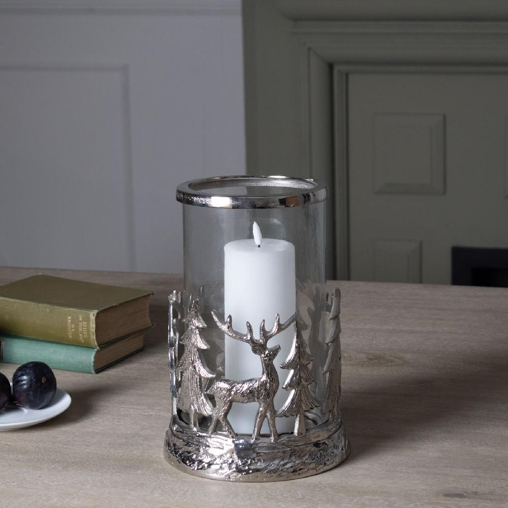 Hill Interiors Silver Stag Scene Hurricane Lantern