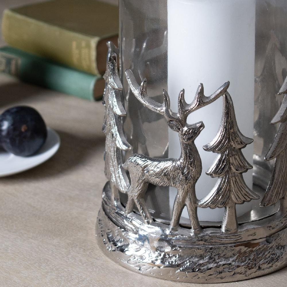 Hill Interiors Silver Stag Scene Hurricane Lantern