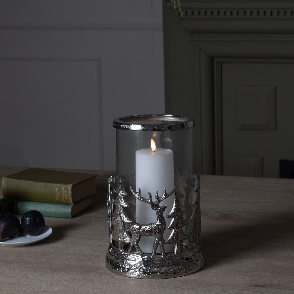 Hill Interiors Silver Stag Scene Hurricane Lantern