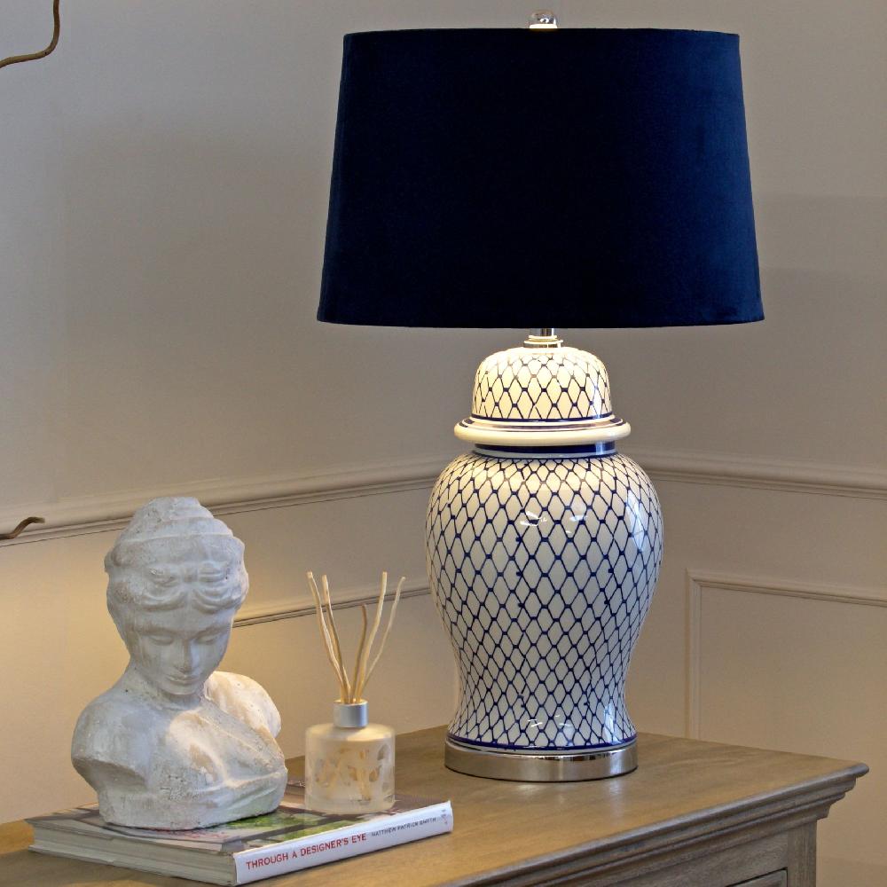 Hill Interiors Malabar Blue And White Ceramic Lamp With Blue Velvet Shade