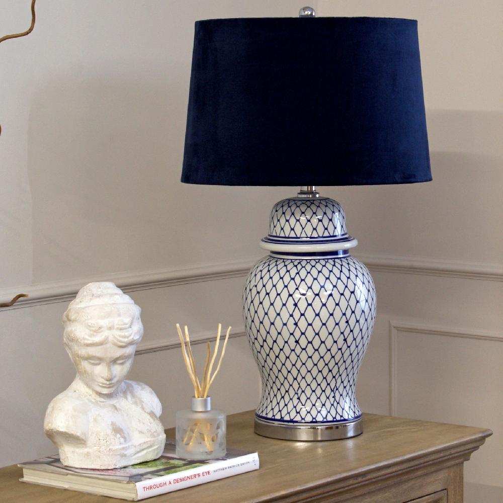 Hill Interiors Malabar Blue And White Ceramic Lamp With Blue Velvet Shade