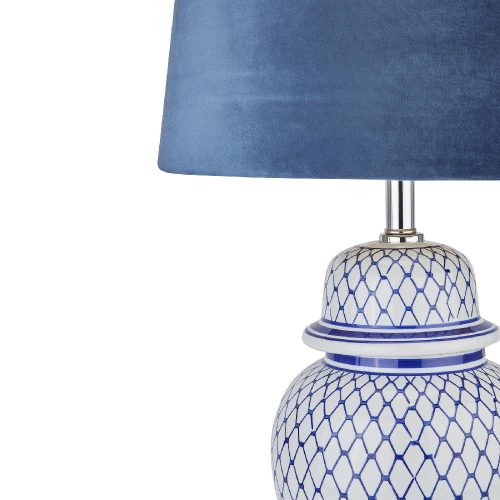 hill interiors Malabar Blue And White Ceramic Lamp With Blue Velvet Shade