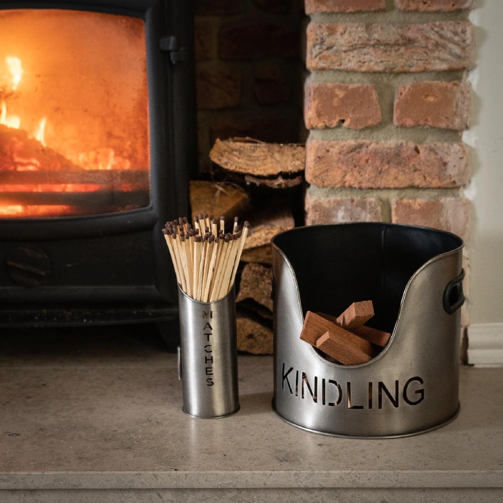 Hill Interiors Pewter Finish Logs And Kindling Buckets & Matchstick Holder